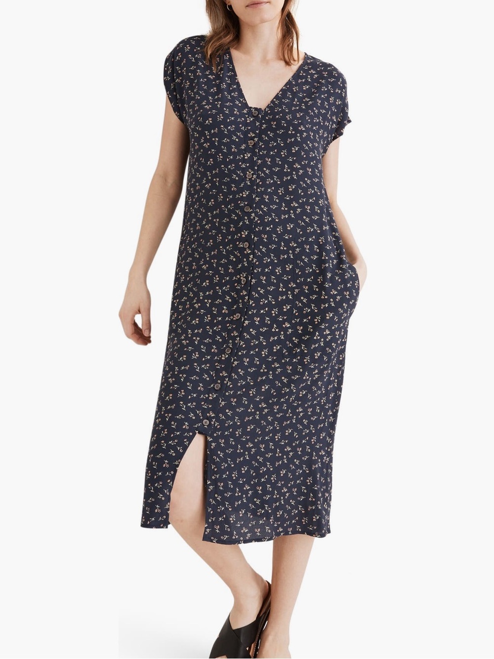 Madewell Navy Floral Button-Front Midi Dress